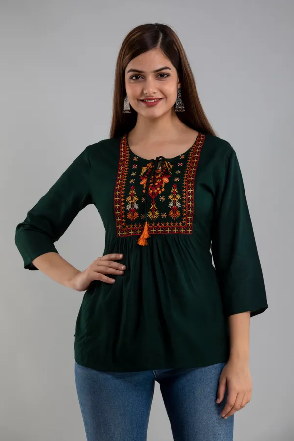 Dark_Green_Women's_Rayon_Embroidered_Regular_Fit_Top